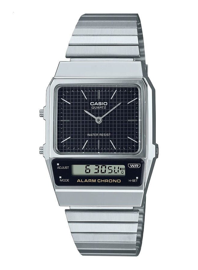 CASIO Men Watch Vintage Rectangular Shape Digital Analog Black Dial Stainless Steel Band AQ-800E-1ADF - Image 1