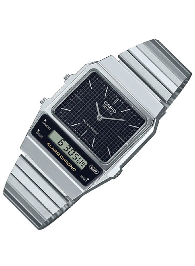 CASIO Men Watch Vintage Rectangular Shape Digital Analog Black Dial Stainless Steel Band AQ-800E-1ADF - Image 2