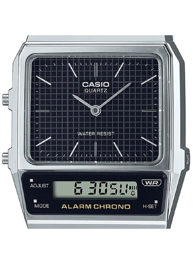 CASIO Men Watch Vintage Rectangular Shape Digital Analog Black Dial Stainless Steel Band AQ-800E-1ADF - Image 3