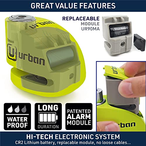 URBAN UR906X Hi-Tech Alarm Disc Lock 120 dB ON/Off, Replaceable Module, High-end Waterproof, Longlife Battery, Reminder Cable, Universal Motorbikes, Bicycles, Ebikes, Motorcycle Lock Anti Theft - Image 4