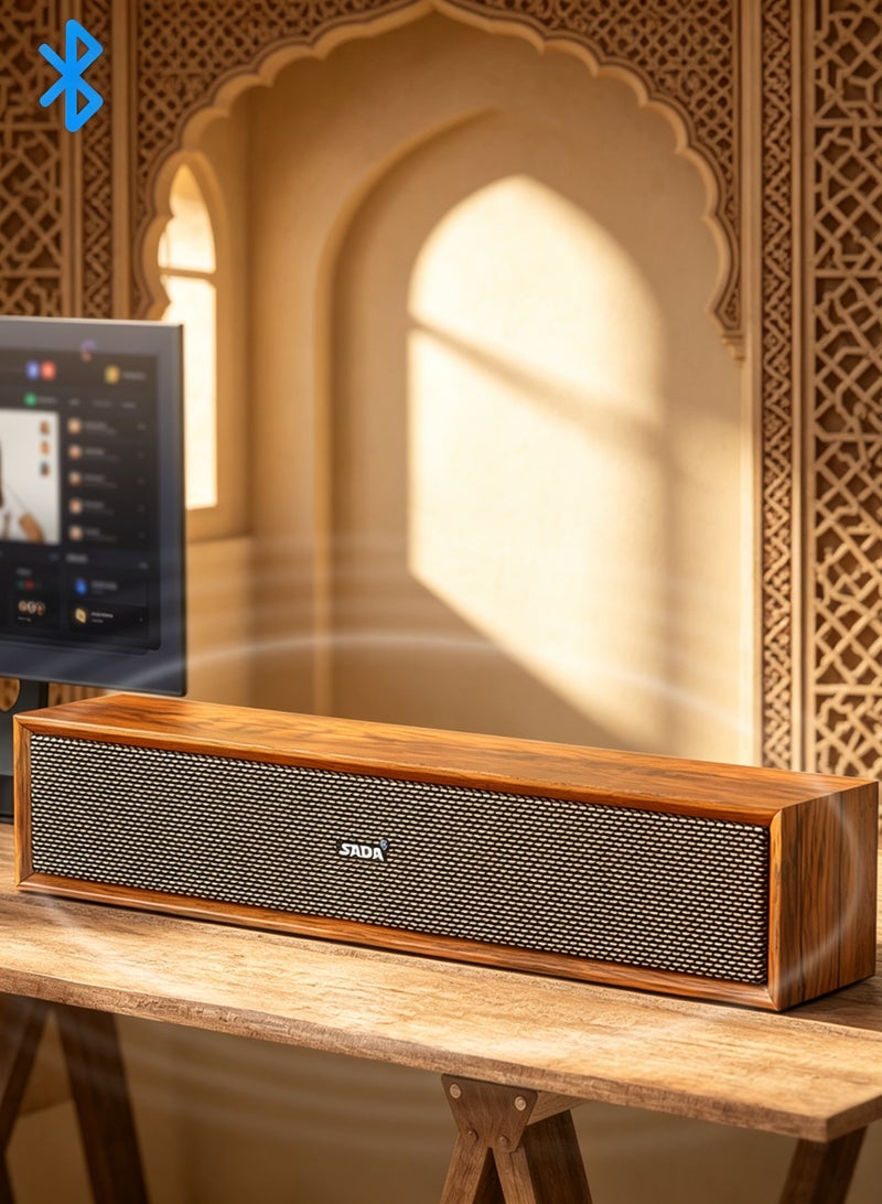 SADA 39cm Retro Wood Grain 2.0 Stereo Soundbar, Bluetooth 5.3 Wooden Desktop Speaker, Dual Full Range Drivers Deep Bass Sound Bar, USB Powered AUX Wired Connection for PC Laptop TV Majlis Ramadan Eid Housewarming Gift - Image 1