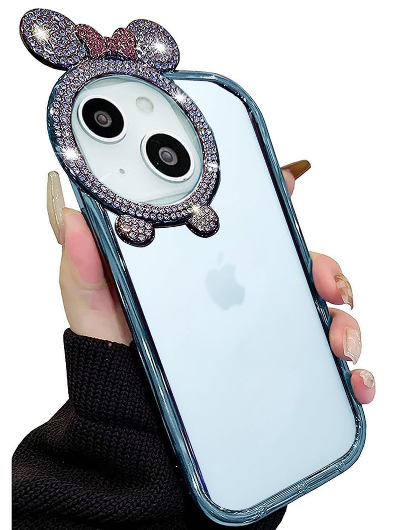 Mobistyle Silicone Cute [Diamond Round Camera Frame], Glitter Sparkly Luxury Plated Edge for Women & Girls, Soft Slim Protective Back Cover Case iPhone 15 (Blue) - Image 1