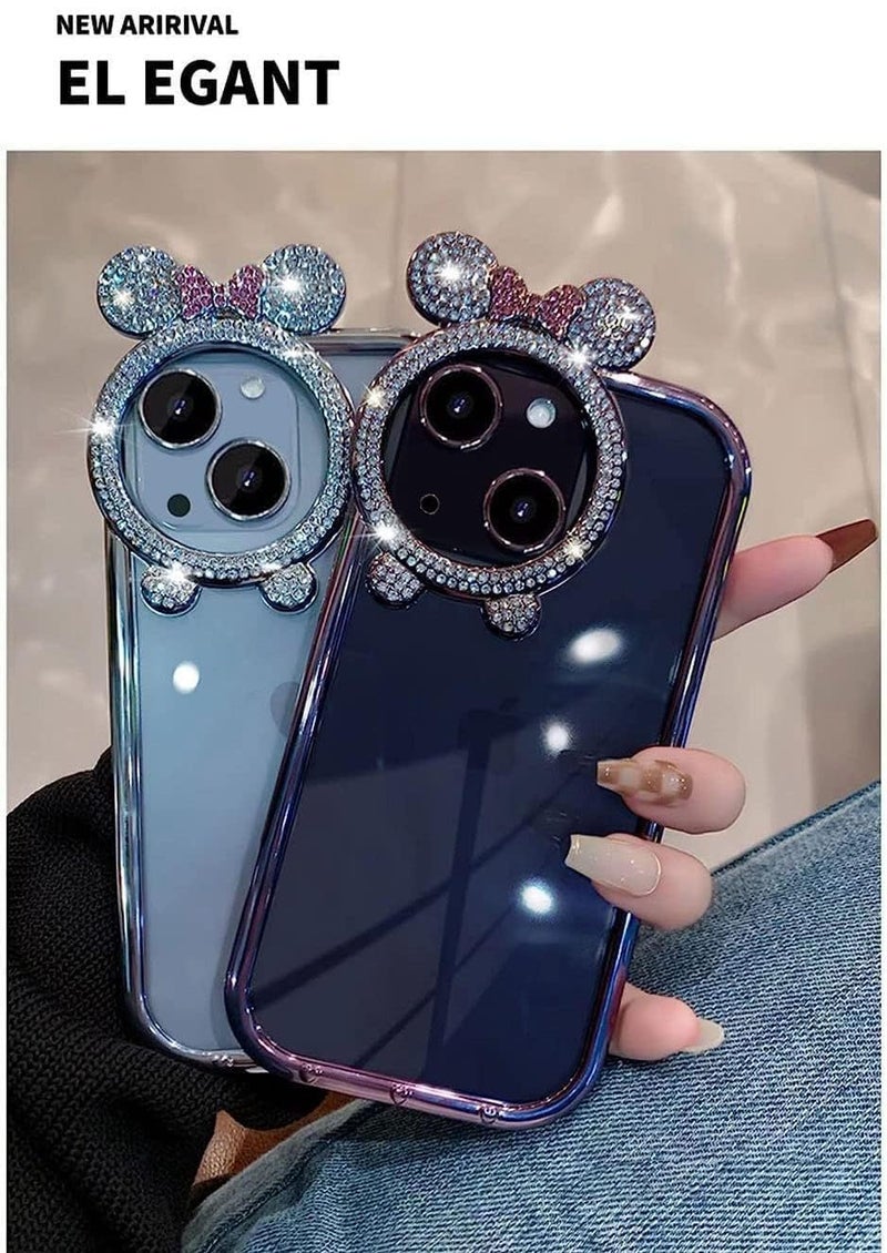 Mobistyle Silicone Cute [Diamond Round Camera Frame], Glitter Sparkly Luxury Plated Edge for Women & Girls, Soft Slim Protective Back Cover Case iPhone 15 (Blue) - Image 3