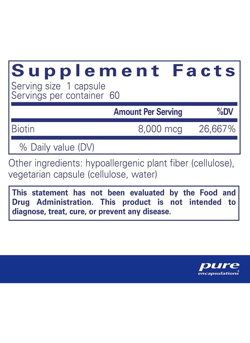 Pure Encapsulations - Biotin 8 Mg Hypoallergenic B Vitamin Supplement 60 Capsules - Image 1