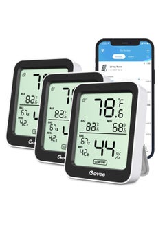 Govee Indoor Hygrometer Thermometer 3 Pack, Bluetooth Humidity Temperature Gauge with Large LCD Display, Notification Alert with Max Min Records, 2 Years Data Storage Export for Room Greenhouse, Black