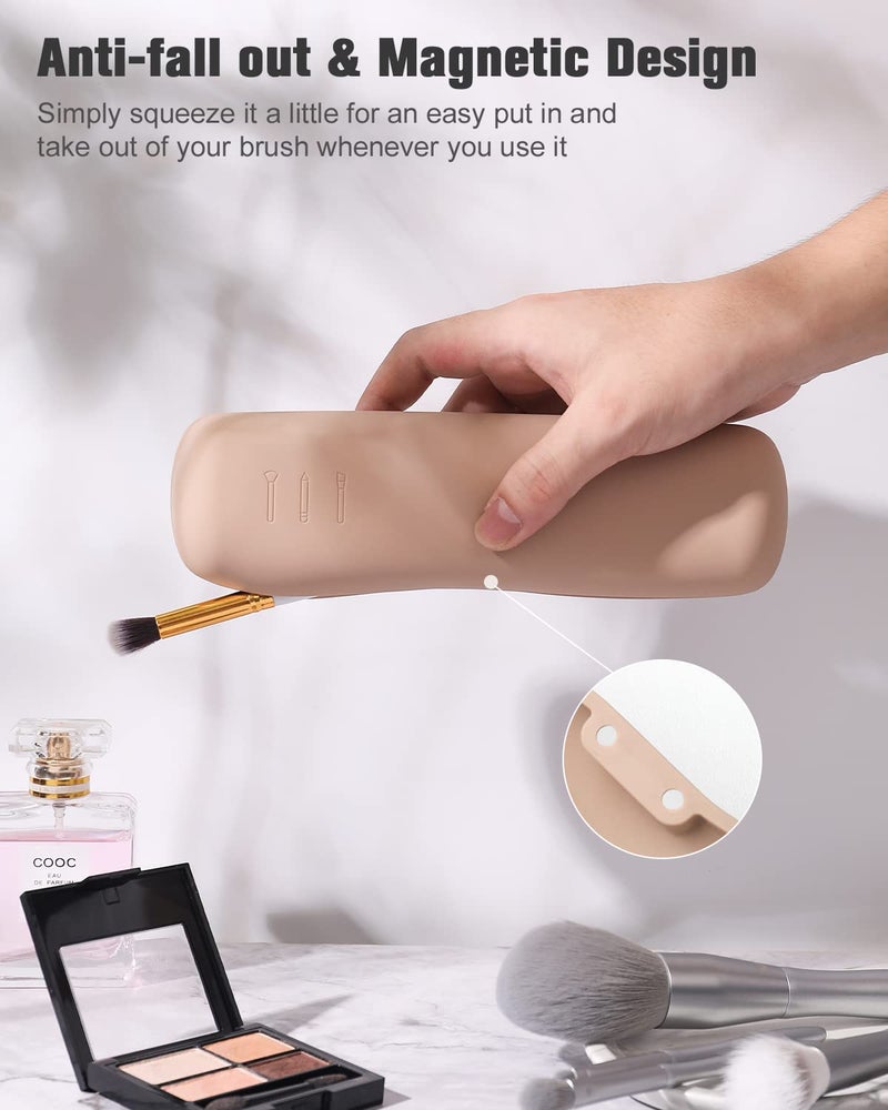 FERYES Travel Makeup Brush Holder, Magnetic Anti-fall Out Silicon Portable Cosmetic Face Brushes Holder, Soft and Sleek Makeup Tools Organizer for Travel-Khakiï¼ˆ7.8 * 1.89 * 0.8 Inchesï¼‰ - Image 5