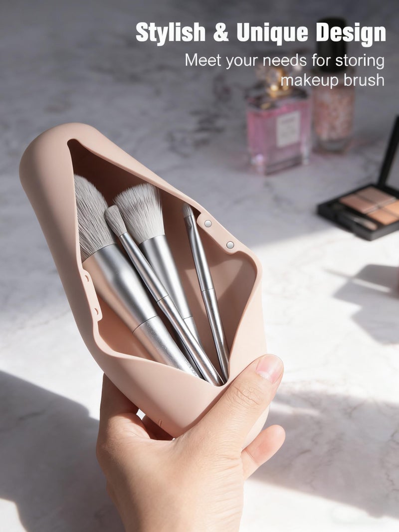 FERYES Travel Makeup Brush Holder, Magnetic Anti-fall Out Silicon Portable Cosmetic Face Brushes Holder, Soft and Sleek Makeup Tools Organizer for Travel-Khakiï¼ˆ7.8 * 1.89 * 0.8 Inchesï¼‰ - Image 3