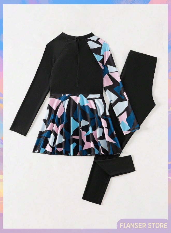 فيانسر بوركيني ملابس سباحة قطعتين طقم ملابس سباحة أكمام طويلة تغطية كاملة ملابس شاطئ أزياء محتشمة محتشم إسلامي للمسلمات كلاسيكي ملابس عربية حماية من الشمس بدلة غوص بدلة ركوب أمواج سريع الجفاف فستان زي سباحة سحاب بنطلون طويل - Image 4