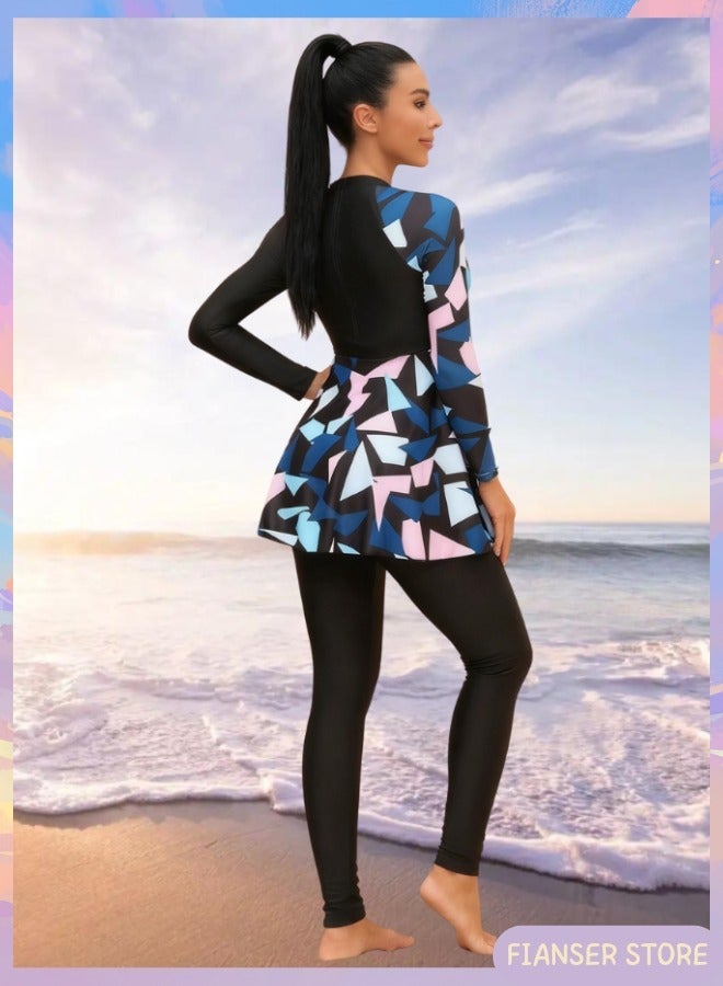 Fianser Burkini Swimwear 2-Piece Swimsuits Set Long Sleeve Full Cover Beachwear Modest Fashion Conservative Islamic Muslim Classic Arabic Clothing Sun UV Protection Diving Suit Surfing Suit Quick Dry Dress Swimming Costume Zipper Long Pants - Image 3
