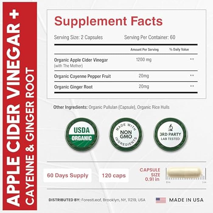 ForestLeaf USDA Organic Apple Cider Vinegar Capsules with Mother, 1200 mg | Vegan & Non-GMO | Apple Cider Vinegar Pills with Cayenne Pepper & Ginger Root | 120 Caps - Image 3