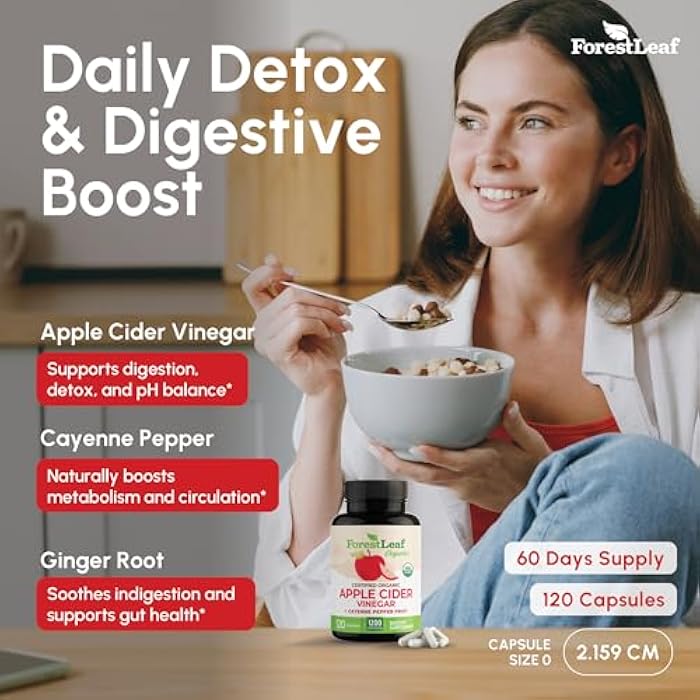 ForestLeaf USDA Organic Apple Cider Vinegar Capsules with Mother, 1200 mg | Vegan & Non-GMO | Apple Cider Vinegar Pills with Cayenne Pepper & Ginger Root | 120 Caps - Image 4