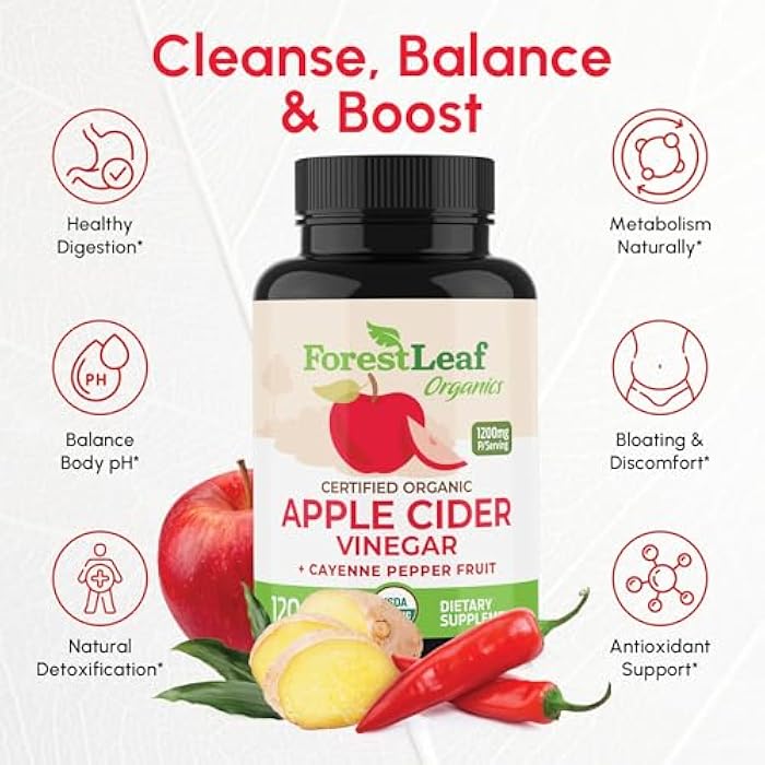 ForestLeaf USDA Organic Apple Cider Vinegar Capsules with Mother, 1200 mg | Vegan & Non-GMO | Apple Cider Vinegar Pills with Cayenne Pepper & Ginger Root | 120 Caps - Image 2