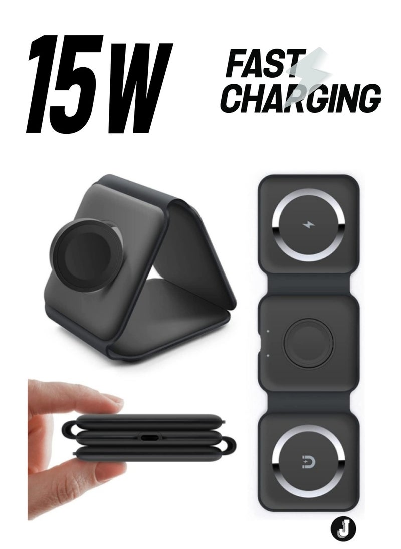 JAJEEK - "NEW 3-in-1 Mag-Safe Wireless Charger – 15W Foldable Charging Station for iPhone, Apple Watch & AirPods (Black)" - Image 1