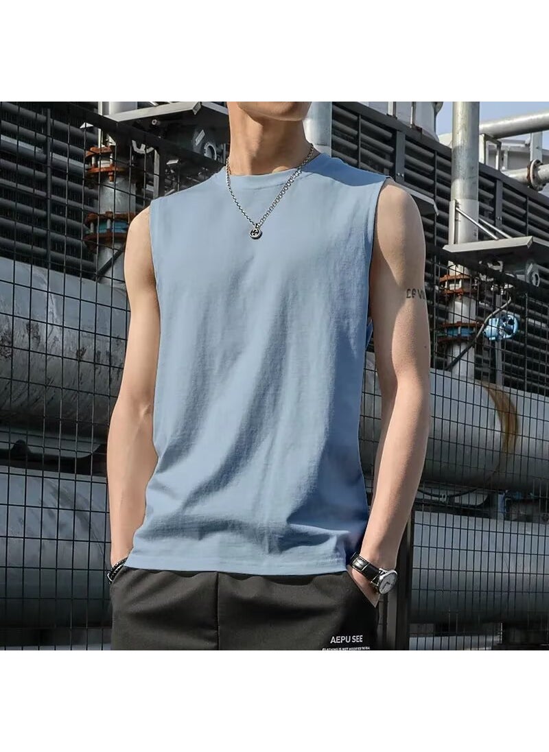 Generic - Mens Loose-fit Training Sleeveless T-shirt Quick-dry Shoulder Vest Fitness Sport Versatile Round Neck Top For Summer Fog Blue - Image 1