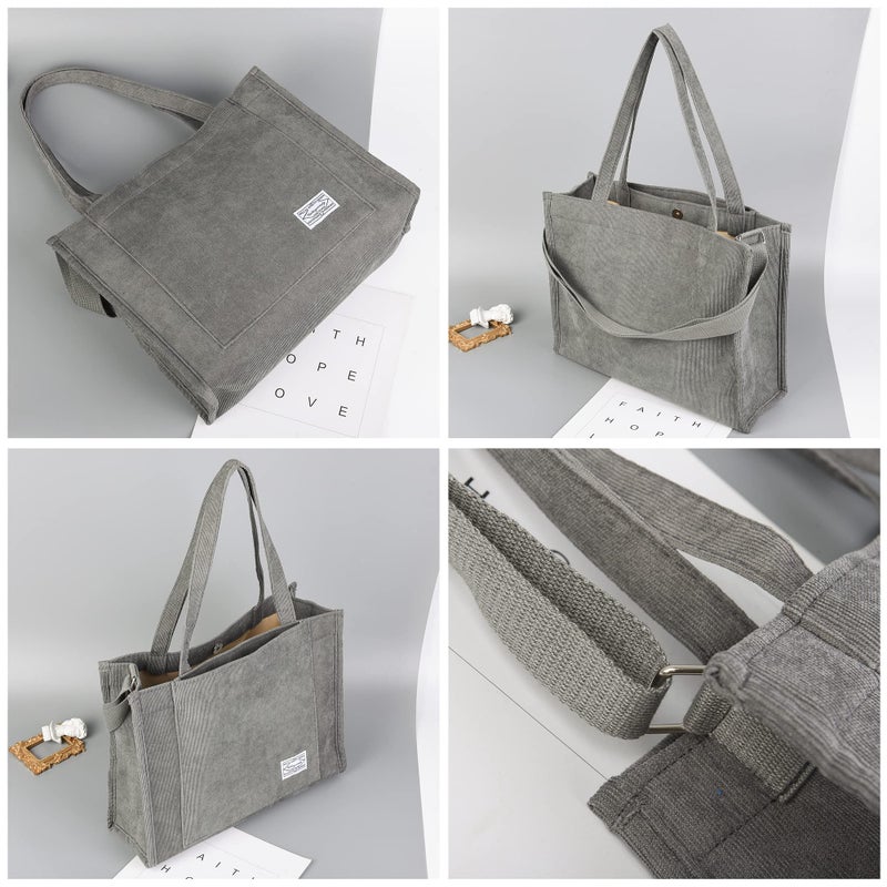 Valleycomfy Vintage Casual Corduroy Tote Bags Crossbody Bag Purse for Women Travel Shoulder Bags Handbags Eco Bag (Large, Gray) - Image 3