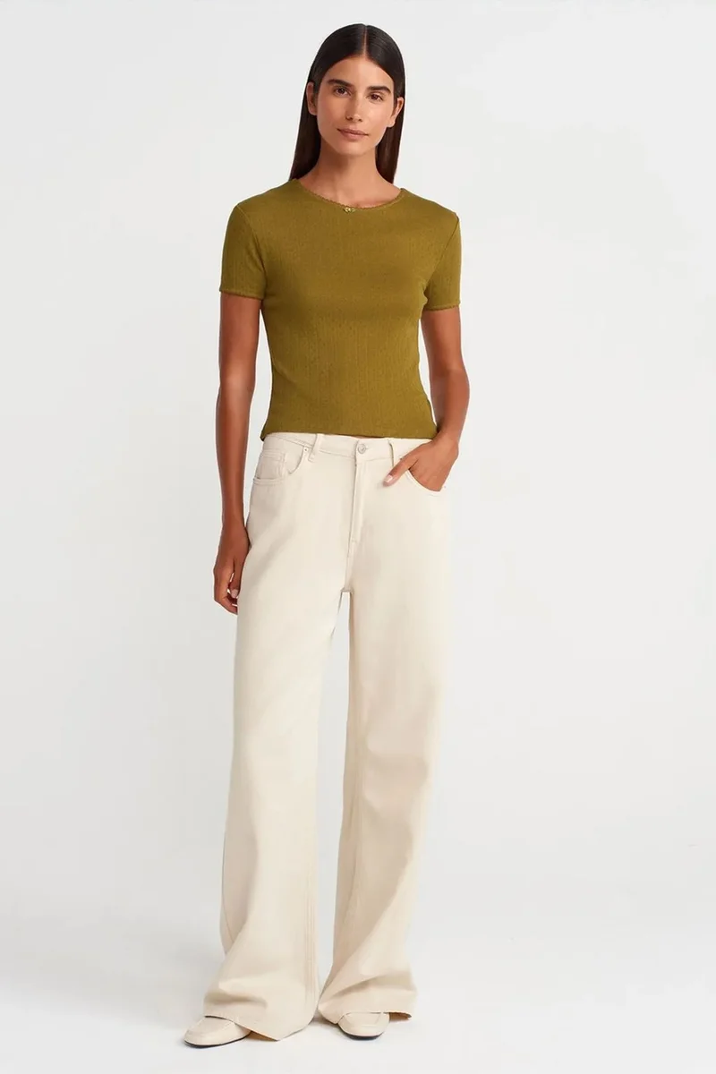 Dilvin Khaki Green DILVIN Women's Ribbed Crop T-Shirt for Women | Best Price UAE
