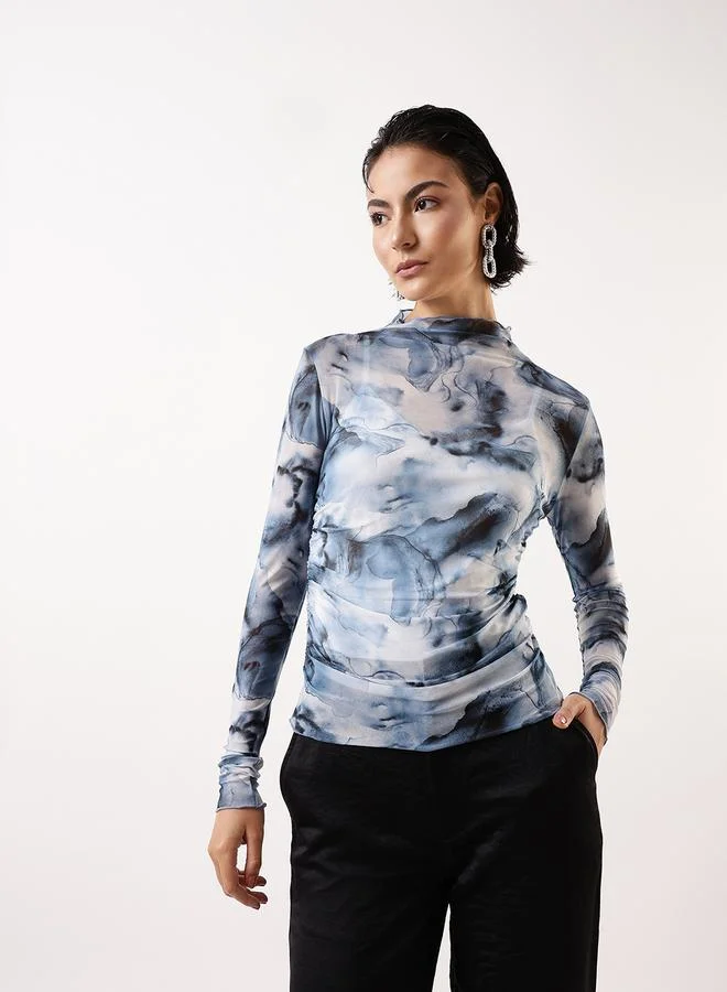 Hubberholme Women's Blue 100% Polyester Self Design Pattern Slim Fit Tops