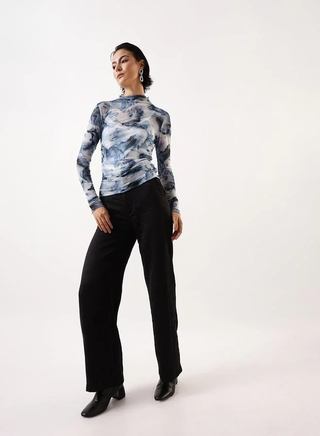 Hubberholme Women's Blue 100% Polyester Self Design Pattern Slim Fit Tops
