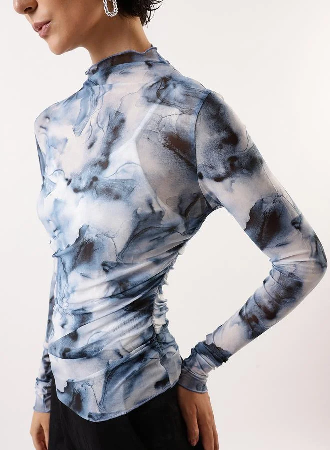 هوبرهولمي Women's Blue 100% Polyester Self Design Pattern Slim Fit Tops