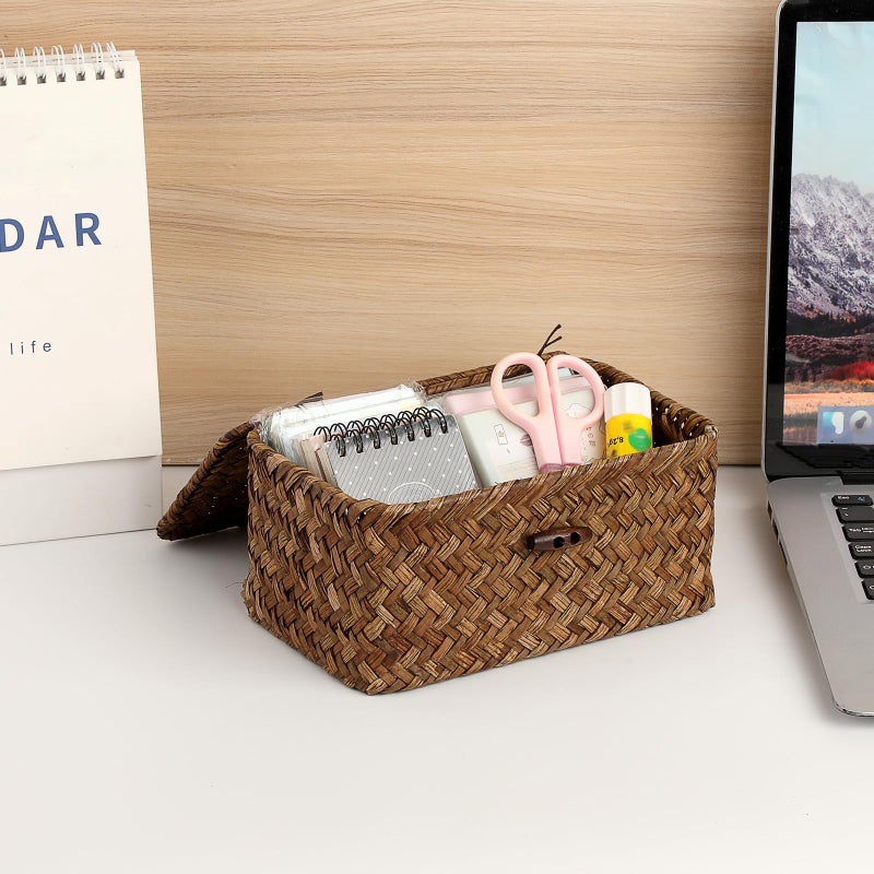 GUSHBIN Handwoven Seagrass Basket Wicker Shelf Basket with Lid Rectangular Multipurpose Desktop Organizer Bin for Key Remote Control, Small,7.0" x 4.3" x 3.3" - Image 5