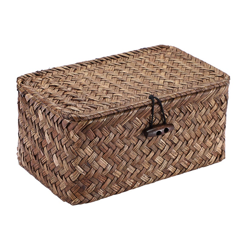 GUSHBIN Handwoven Seagrass Basket Wicker Shelf Basket with Lid Rectangular Multipurpose Desktop Organizer Bin for Key Remote Control, Small,7.0" x 4.3" x 3.3" - Image 1