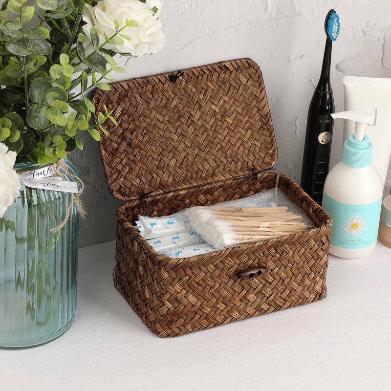 GUSHBIN Handwoven Seagrass Basket Wicker Shelf Basket with Lid Rectangular Multipurpose Desktop Organizer Bin for Key Remote Control, Small,7.0" x 4.3" x 3.3" - Image 2