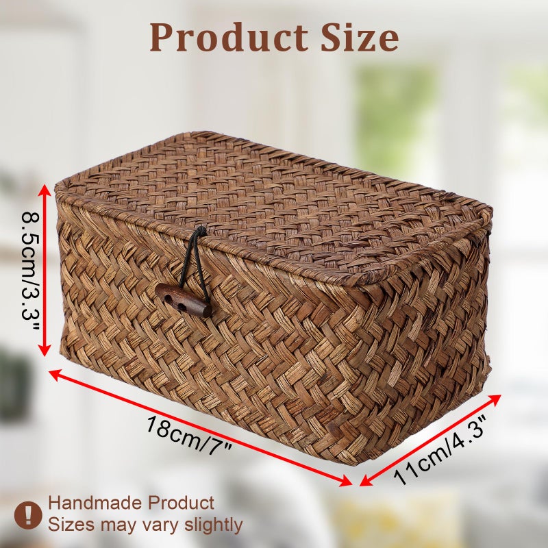 GUSHBIN Handwoven Seagrass Basket Wicker Shelf Basket with Lid Rectangular Multipurpose Desktop Organizer Bin for Key Remote Control, Small,7.0" x 4.3" x 3.3" - Image 3