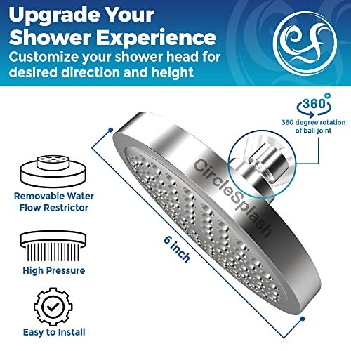 CircleSplash High Pressure Shower Head - Anti-Clogging Silicone Nozzles - 2.5 GPM Removable Restrictor - Easy to Clean Adjustable Replacement - easy to install with Plumbers Tape - 6 inch - Classic Chrome Finish - Image 3