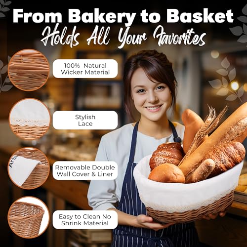 A ARTIZANKA Large Wicker Bread Basket with Removable Linen Liner and Cover - Handmade Rattan Bread Serving & Storage Basket 12"x9" Keeps Bread Warm & Fresh - Perfect Housewarming Gift - Image 2