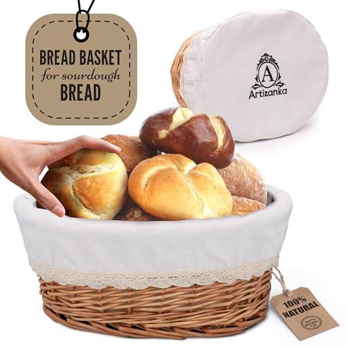 A ARTIZANKA Large Wicker Bread Basket with Removable Linen Liner and Cover - Handmade Rattan Bread Serving & Storage Basket 12"x9" Keeps Bread Warm & Fresh - Perfect Housewarming Gift - Image 1
