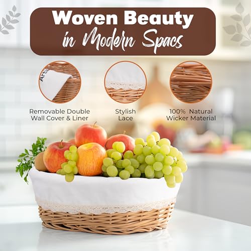 A ARTIZANKA Large Wicker Bread Basket with Removable Linen Liner and Cover - Handmade Rattan Bread Serving & Storage Basket 12"x9" Keeps Bread Warm & Fresh - Perfect Housewarming Gift - Image 3