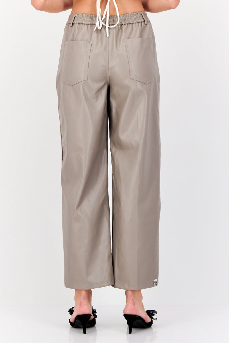 The Giving Movement Women Regular Fit Brand Logo Wide Leg Pants, Taupe  - Image 3