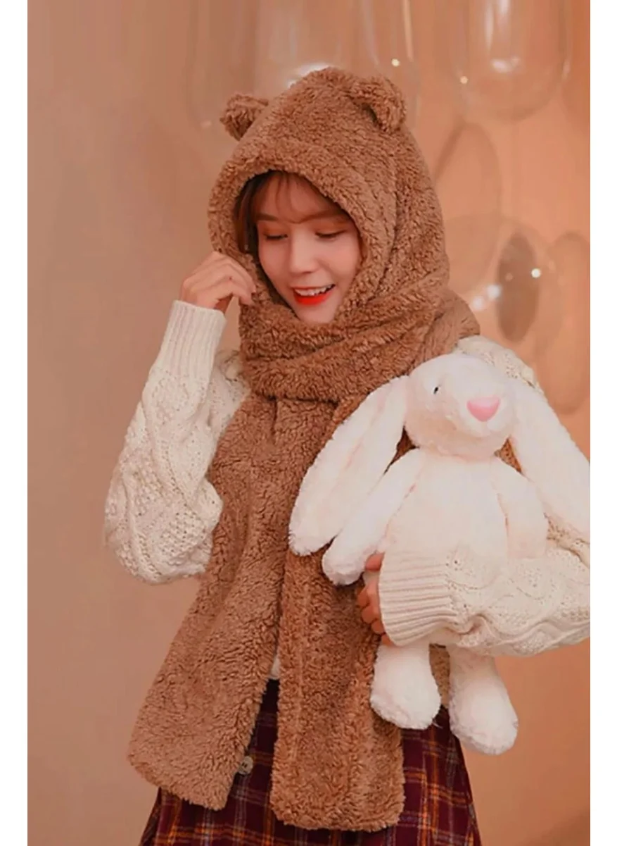 باهلس Hooded Camel Plush Beanie Scarf Women Welsoft Fleece Neck Warmer Shawl Windproof Eared Hat