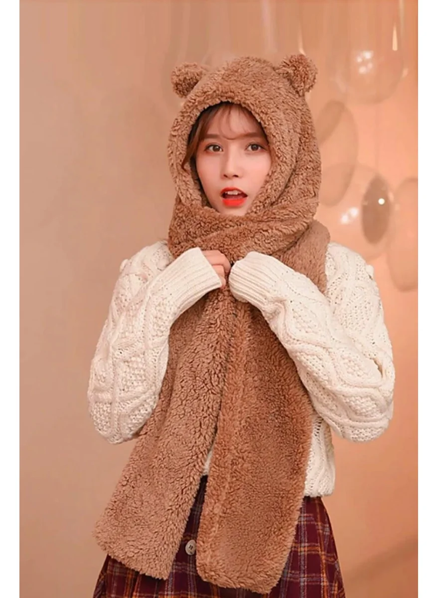 باهلس Hooded Camel Plush Beanie Scarf Women Welsoft Fleece Neck Warmer Shawl Windproof Eared Hat