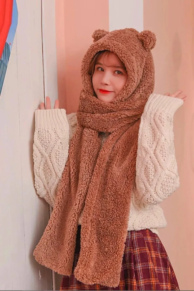 باهلس Hooded Camel Plush Beanie Scarf Women Welsoft Fleece Neck Warmer Shawl Windproof Eared Hat
