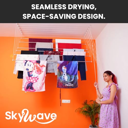 Skywave Luxury Premium Rust Proof Stainless Steel Ceiling Clothes Dryer Hanger with UV Protected Nylon Ropes Individual dropdown, Clothes Drying Rack for Balcony Top (6 Pipes x 5 FEET) - Image 2