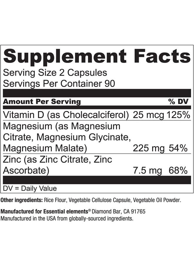 Essential Elements - Magnesium & Zinc with Vitamin D3 for Sleep Immune & Bone Support - Magnesium Glycinate, Malate, Citrate 200mg - Triple Magnesium Supplement for Women and Men - 3 Month Supply - Image 1