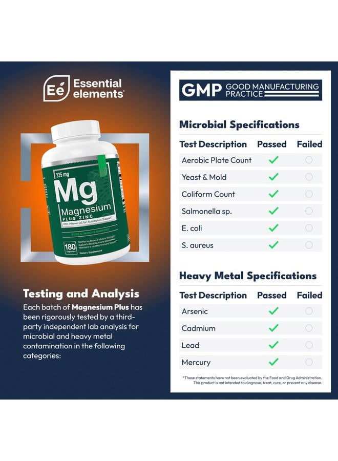 Essential Elements Magnesium Plus Zinc with Vitamin D3 | Scientifically Formulated Heart, Bone & Muscle Support | 225mg Triple-Strength Magnesium Complex with Glycinate, Malate, Citrate | 180 Count - Image 2