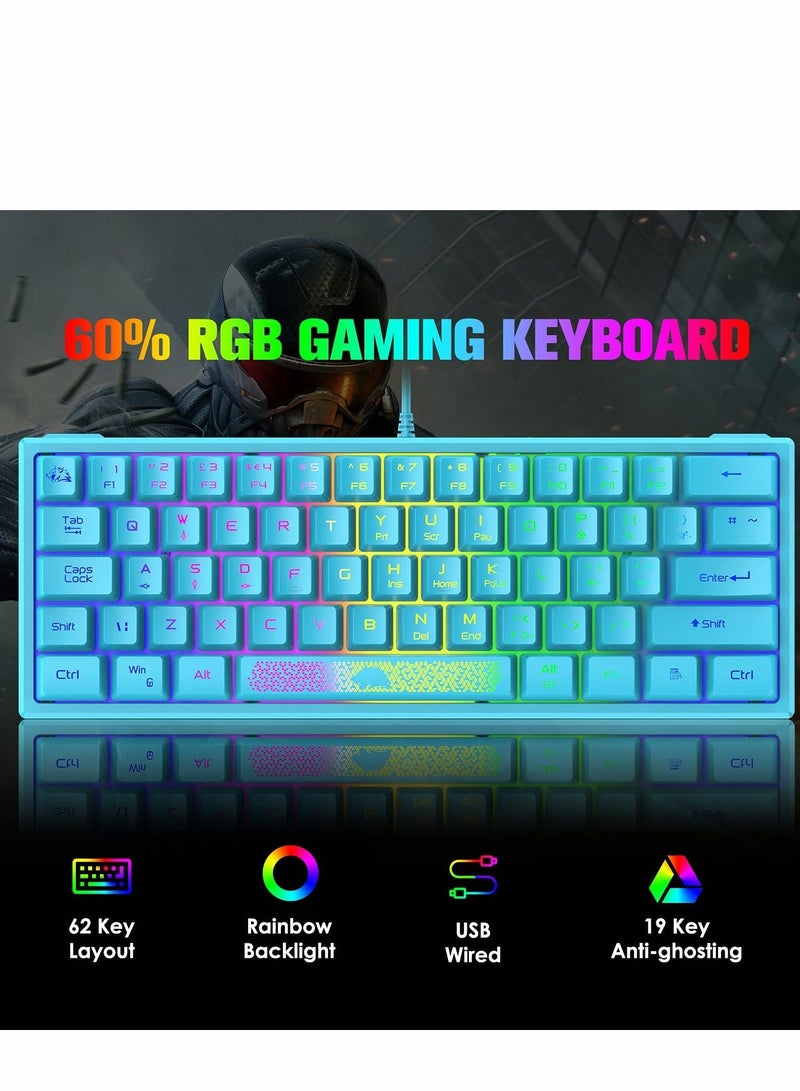 60% Gaming Keyboard, Mini Portable Rainbow RGB Backlight Compact Ergonomic 62-Key Layout 19-Key Anti-Ghosting Mechanical Feel Waterproof USB Wired for PC Mac Windows Gaming Laptop Typist (Blue) - Image 4