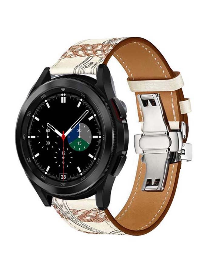 Perfii Genuine Leather Replacement Band for Samsung Galaxy Watch4 42/46mm Blanc Allover Print/White Brown Line - Image 2