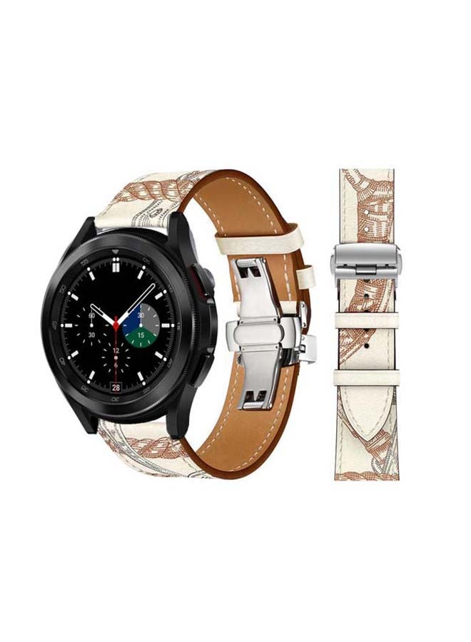 Perfii Genuine Leather Replacement Band for Samsung Galaxy Watch4 42/46mm Blanc Allover Print/White Brown Line - Image 1