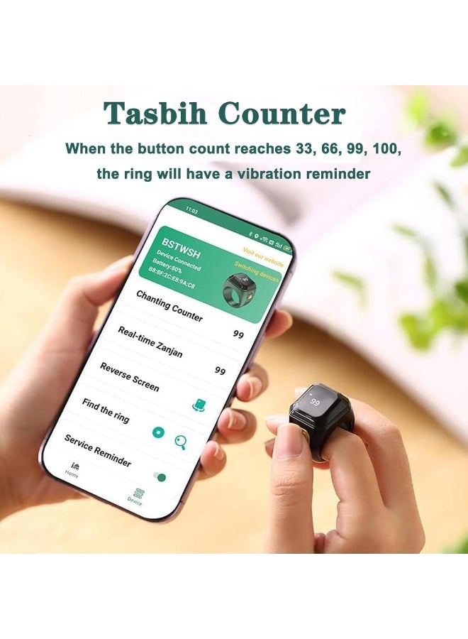 بستوش خاتم الكتروني للتسبيح مصمم لتلبية احتياجات المسلمين لتذكيرات و التسبيح وأوقات الصلاة.مع شاشه OLED مقاس وبرنامج تتبع التسبيح ومواقيت الصلوات مقاس  (18)mm -اسود - Image 3