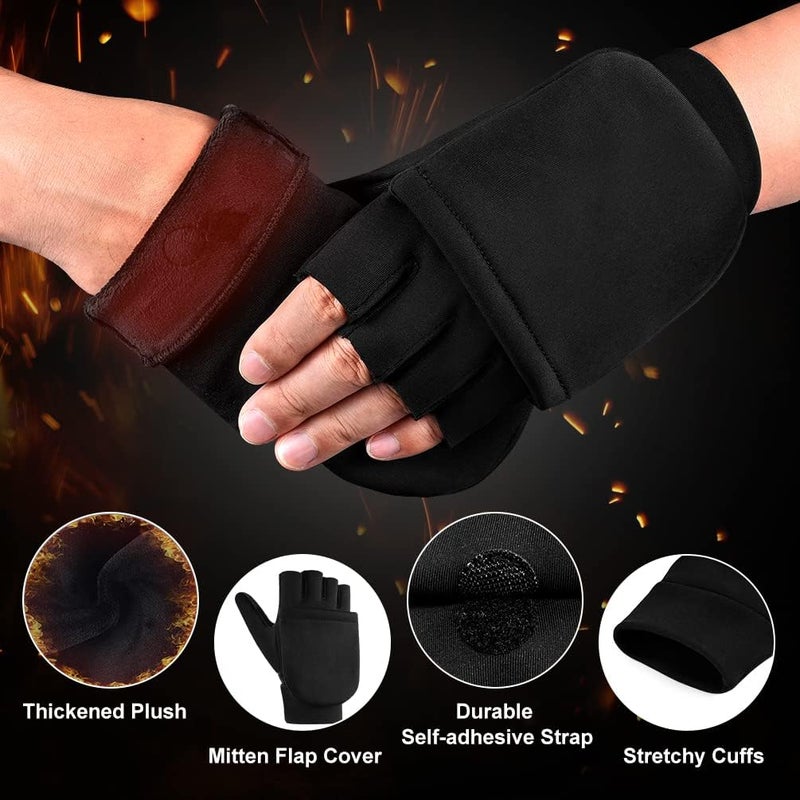 EEFOW Half Finger Flip Men's Outdoor Winter Gloves - Sports Thermal Cycling Gloves Windproof Non-Slip with Touch Screen Warm Running Glove for Bicycle Ski Work Football Motorcycle Black L - Image 2