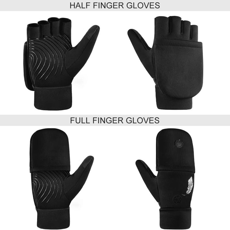 EEFOW Half Finger Flip Men's Outdoor Winter Gloves - Sports Thermal Cycling Gloves Windproof Non-Slip with Touch Screen Warm Running Glove for Bicycle Ski Work Football Motorcycle Black L - Image 4