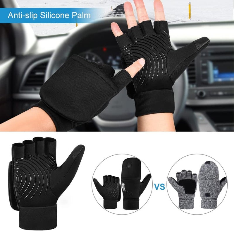 EEFOW Half Finger Flip Men's Outdoor Winter Gloves - Sports Thermal Cycling Gloves Windproof Non-Slip with Touch Screen Warm Running Glove for Bicycle Ski Work Football Motorcycle Black L - Image 3