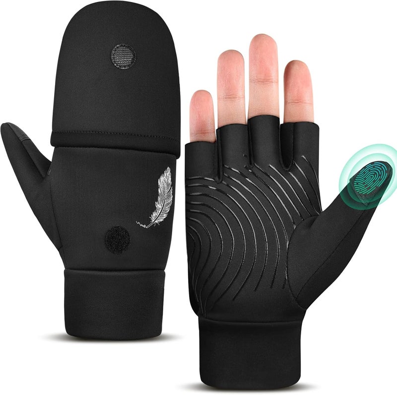 EEFOW Half Finger Flip Men's Outdoor Winter Gloves - Sports Thermal Cycling Gloves Windproof Non-Slip with Touch Screen Warm Running Glove for Bicycle Ski Work Football Motorcycle Black L - Image 1