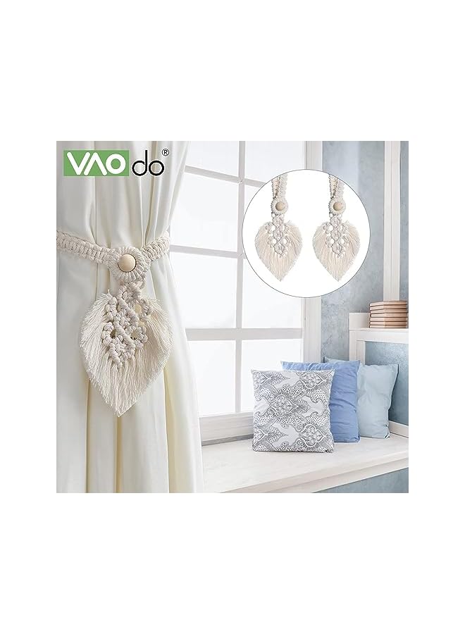 The Bros 2 Pack Bohemian Curtain Tiebacks, Hand Woven Leaf Curtain Holder Straps with Adjustable Natural Wood Bead Tassel Buckle,for Home Farmhouse Bedroom Office Decorative Curtains  - Image 3