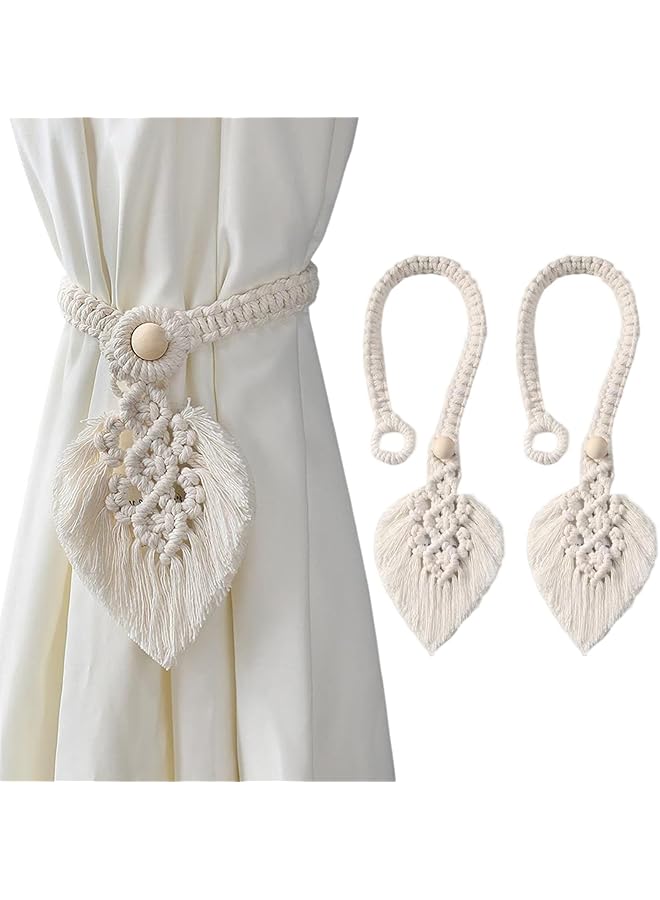 The Bros 2 Pack Bohemian Curtain Tiebacks, Hand Woven Leaf Curtain Holder Straps with Adjustable Natural Wood Bead Tassel Buckle,for Home Farmhouse Bedroom Office Decorative Curtains  - Image 1