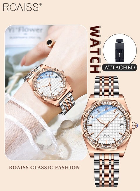 Women's Stainless Steel Strap Quartz Watch Analog Display Round Dial with Rhinestones Decoration Waterproof Elegant Wristwatch as Gift for Women