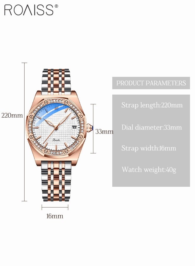 roaiss Women's Stainless Steel Strap Quartz Watch Analog Display Round Dial with Rhinestones Decoration Waterproof Elegant Wristwatch as Gift for Women - Image 4